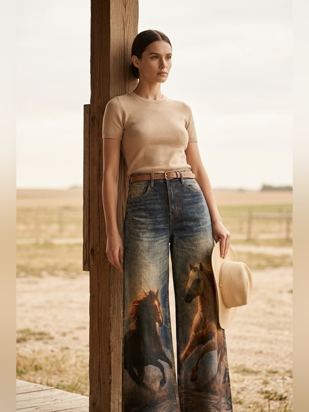 VIBRANT M.i.U. NWT Blue Wide-Leg Jeans White & Dark Horse digital Print Artwork